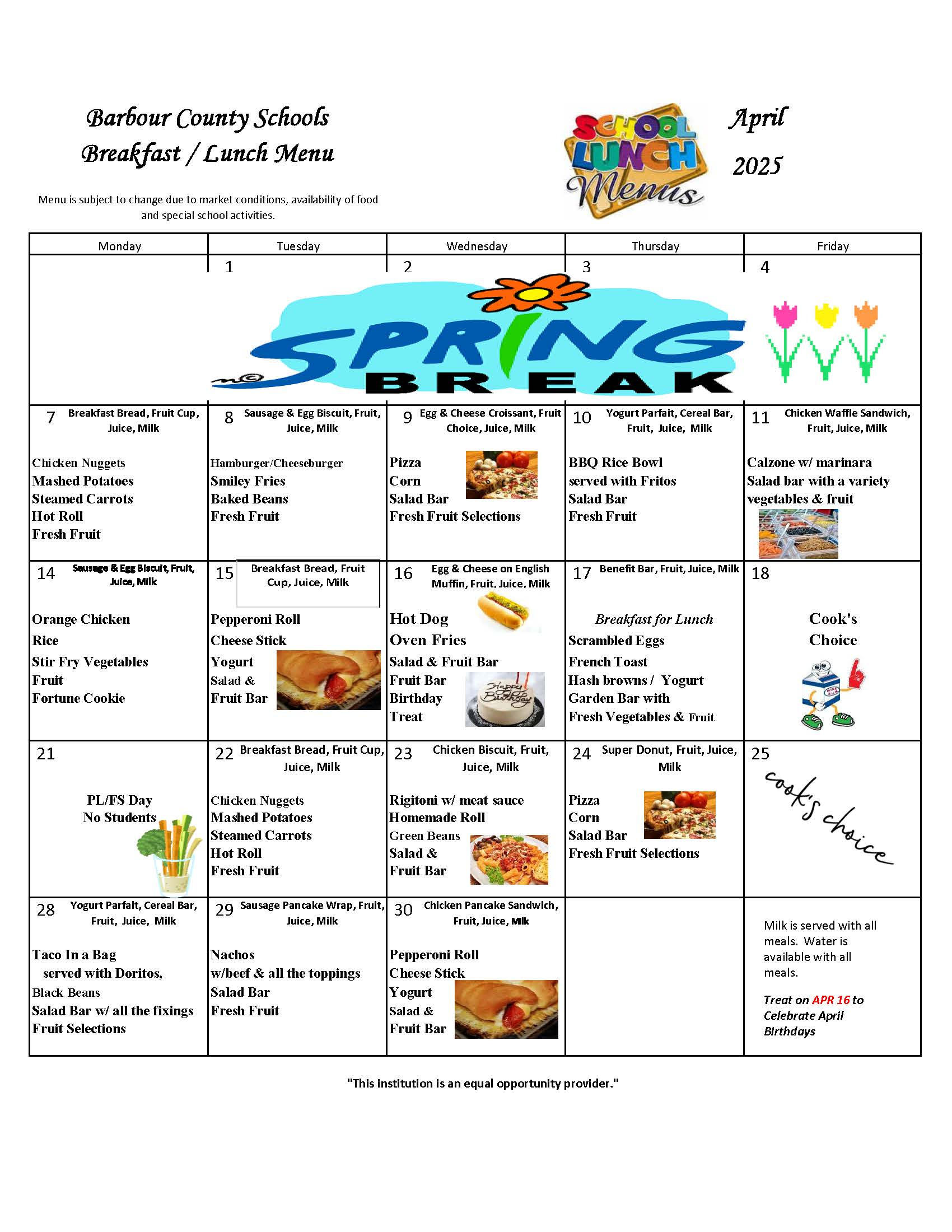 April 2025 Breakfast & Lunch Menu